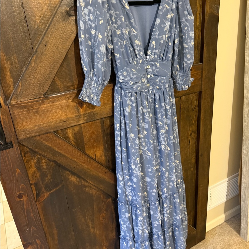 Altar'd State Dusty Blue Floral V-Neck Maxi Dress